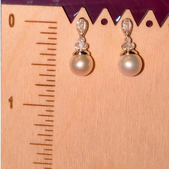 AFJC 925 Sterling Genuine Pearl White Sapphire Drop Earrings - Picture 2 of 6